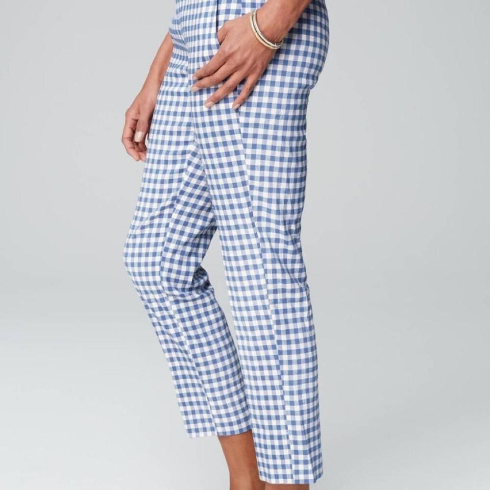 NWT J Jill blue and white gingham linen stretch slim leg pintucked pants Large